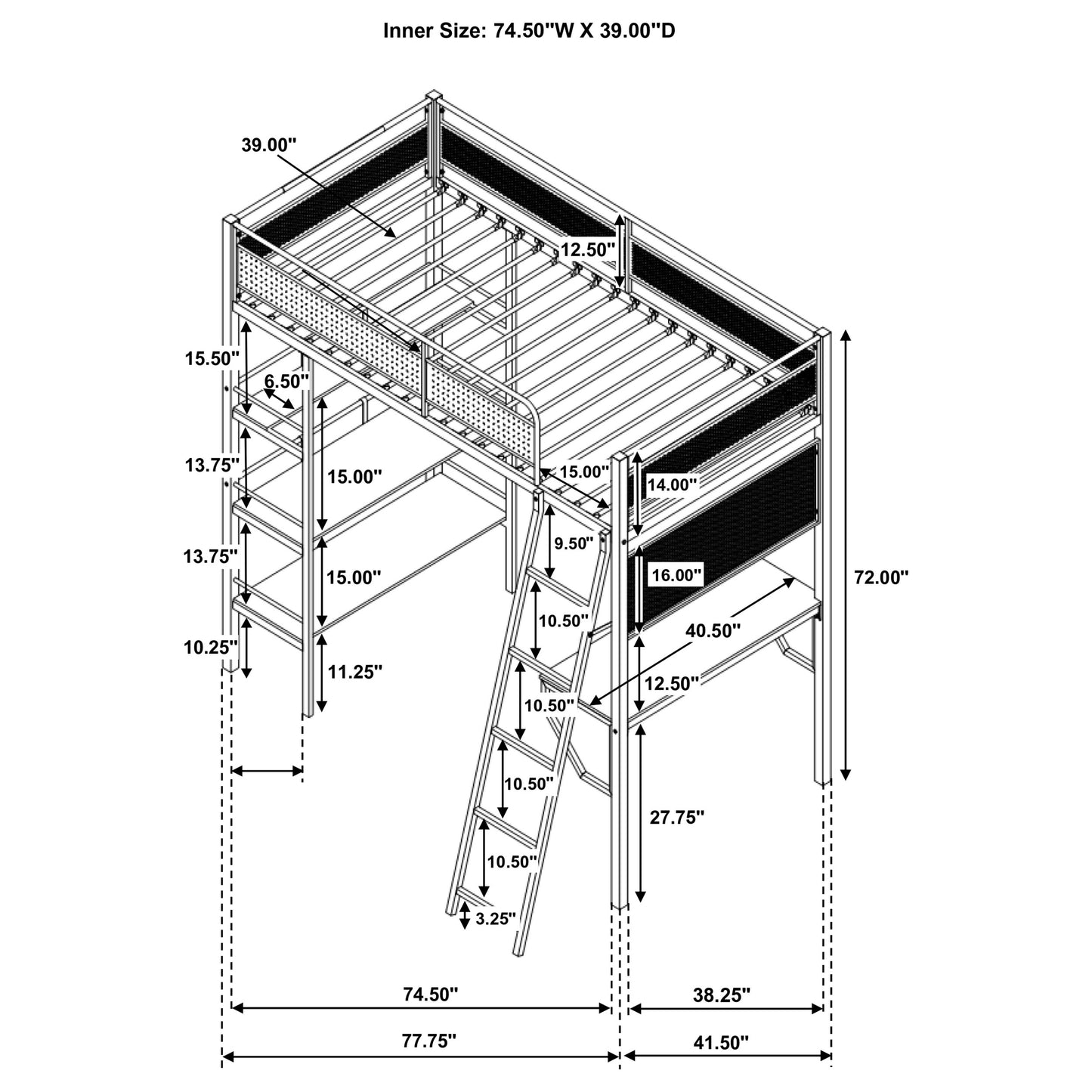 Campus 3-shelf Metal Twin Workstation Loft Bed Matte White
