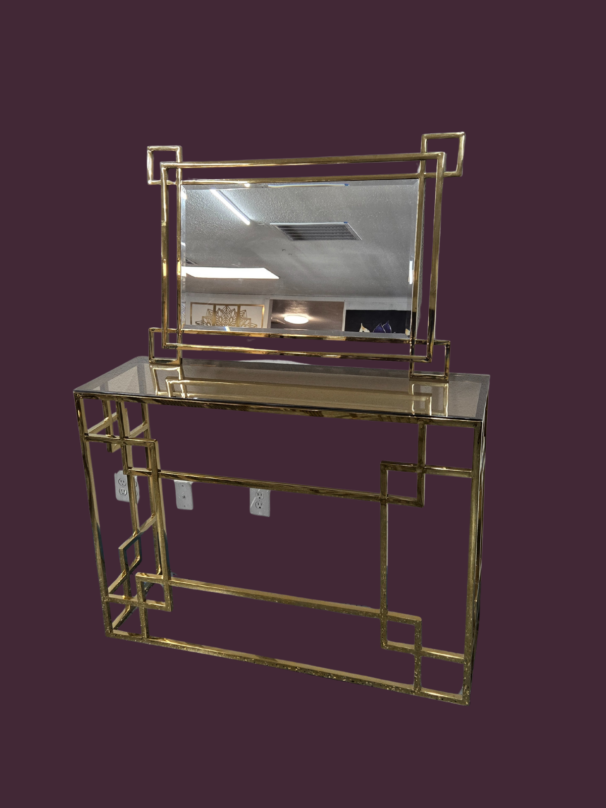 Golden Linear Grid Console & Mirror Set