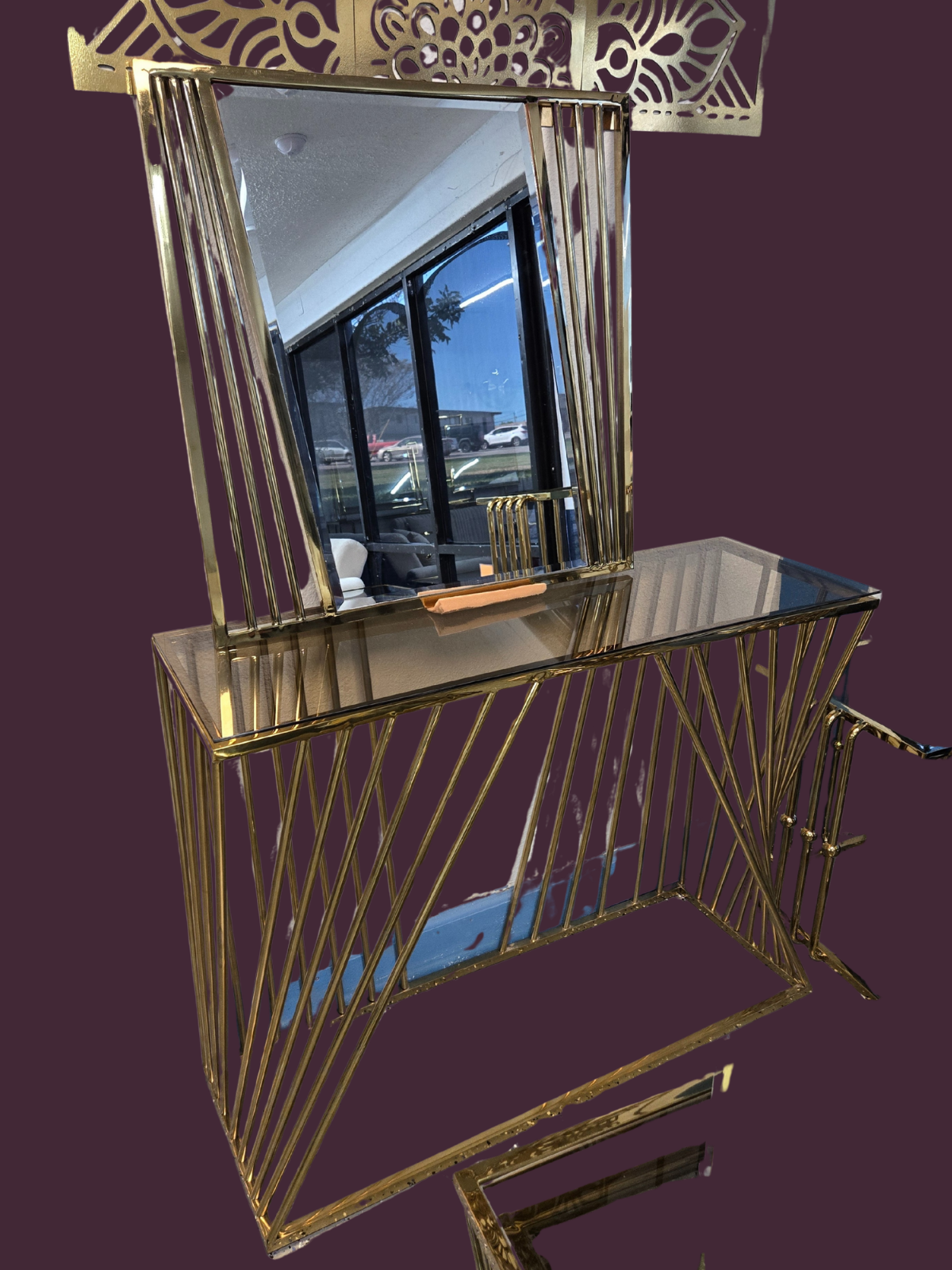 Golden Radiant Line Console & Mirror Set