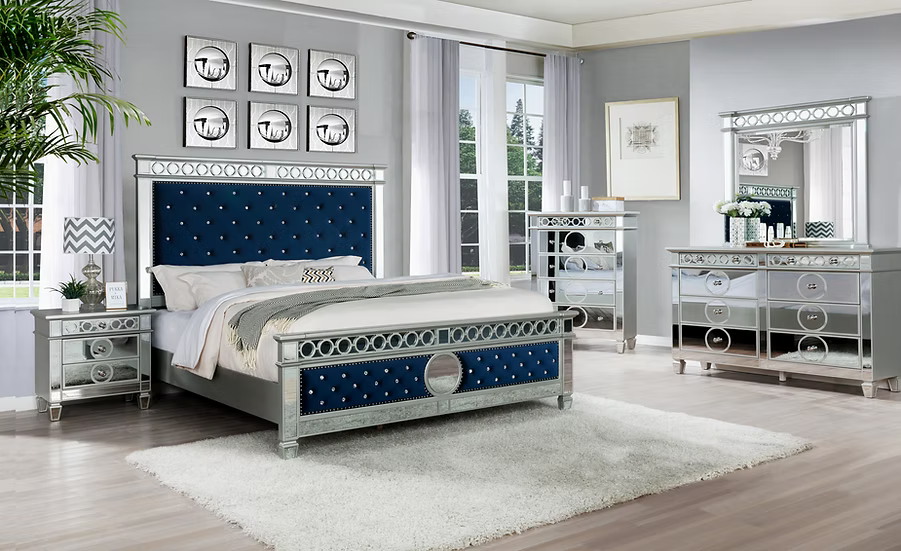 Bella Bedroom Set Queen 4 Pc Blue Valvet