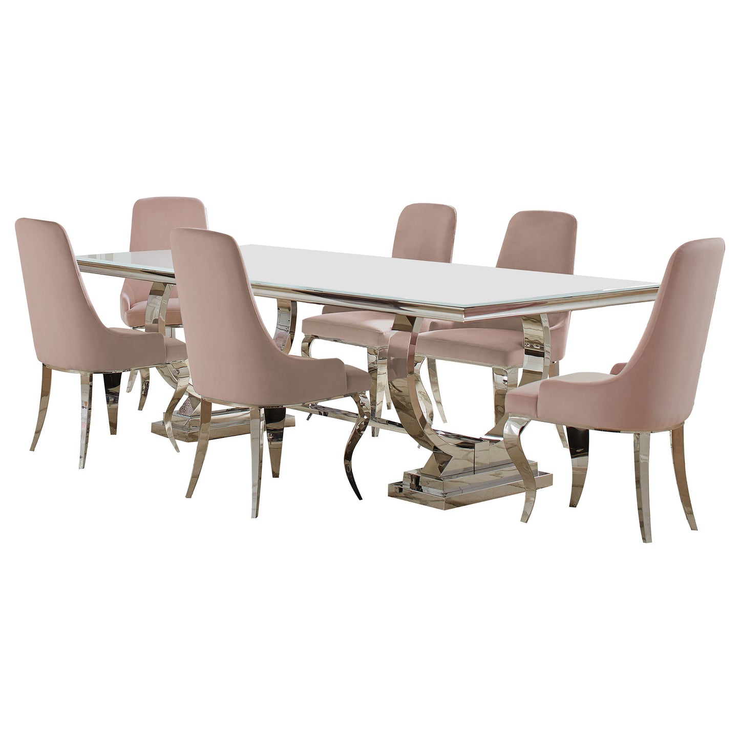 Antoine 7-piece Rectangular Glass Top Dining Table Set Pink
