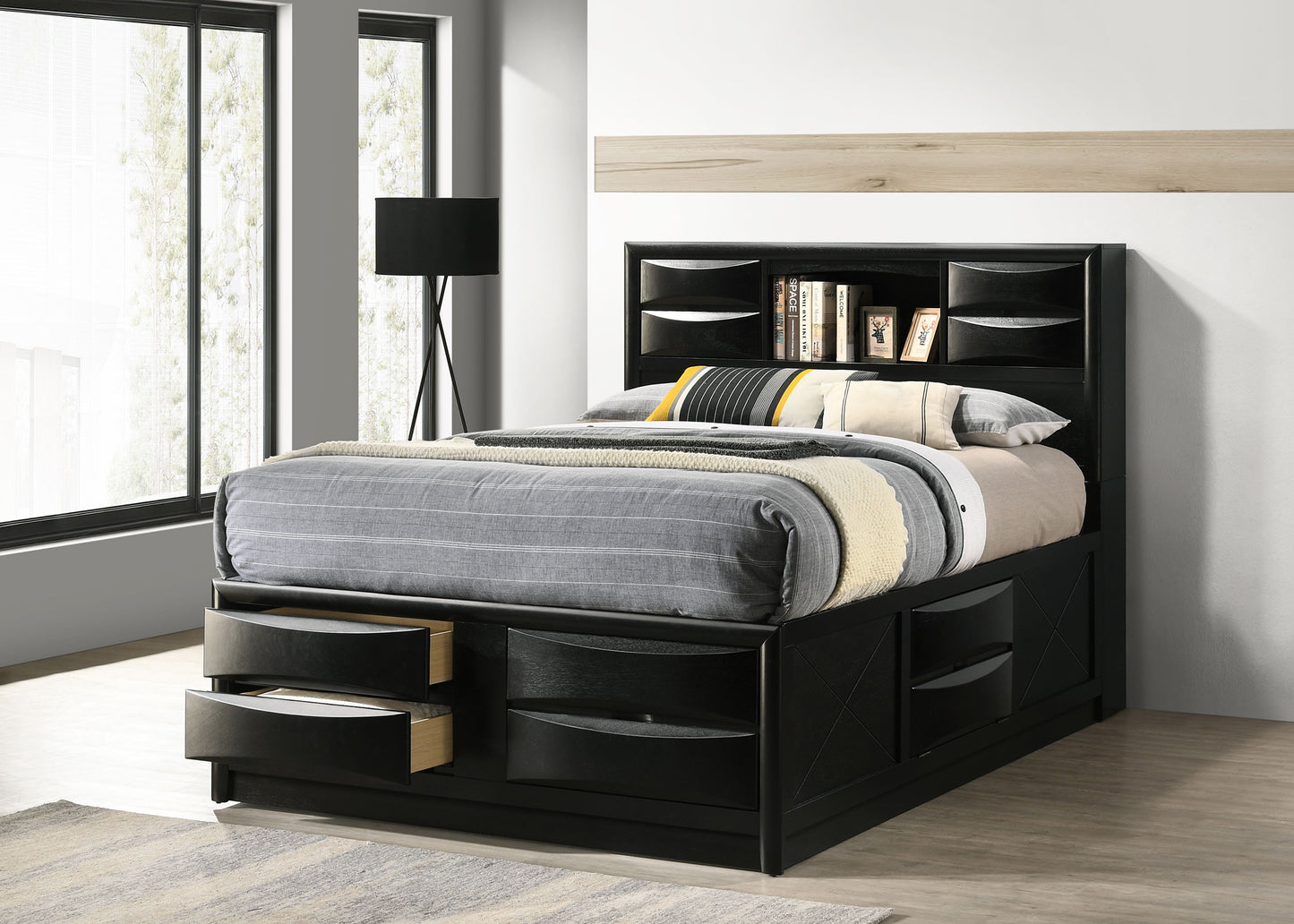 Briana Wood Queen Storage Bookcase Bed Black