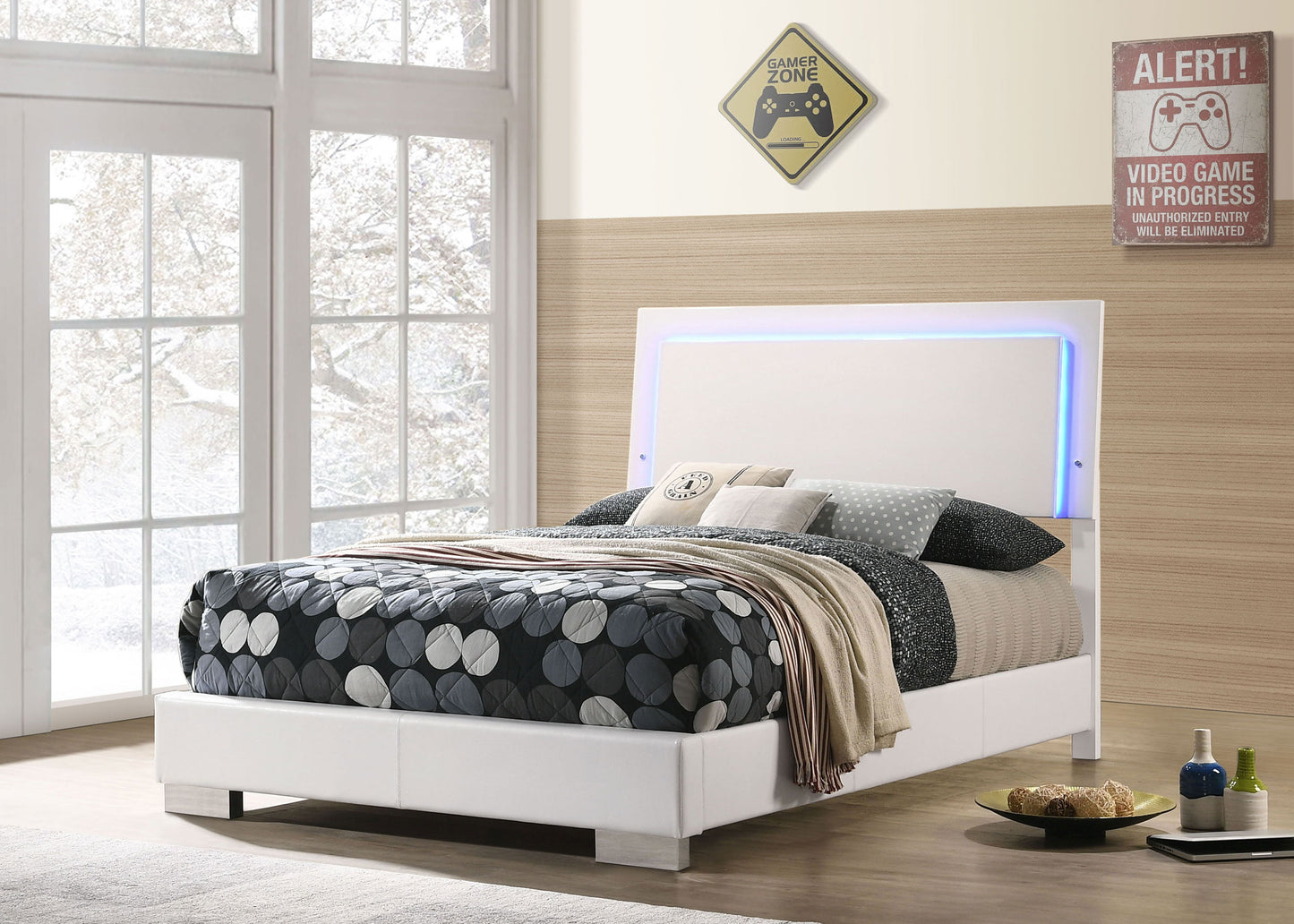 Felicity Wood Full LED Panel Bed White High Gloss