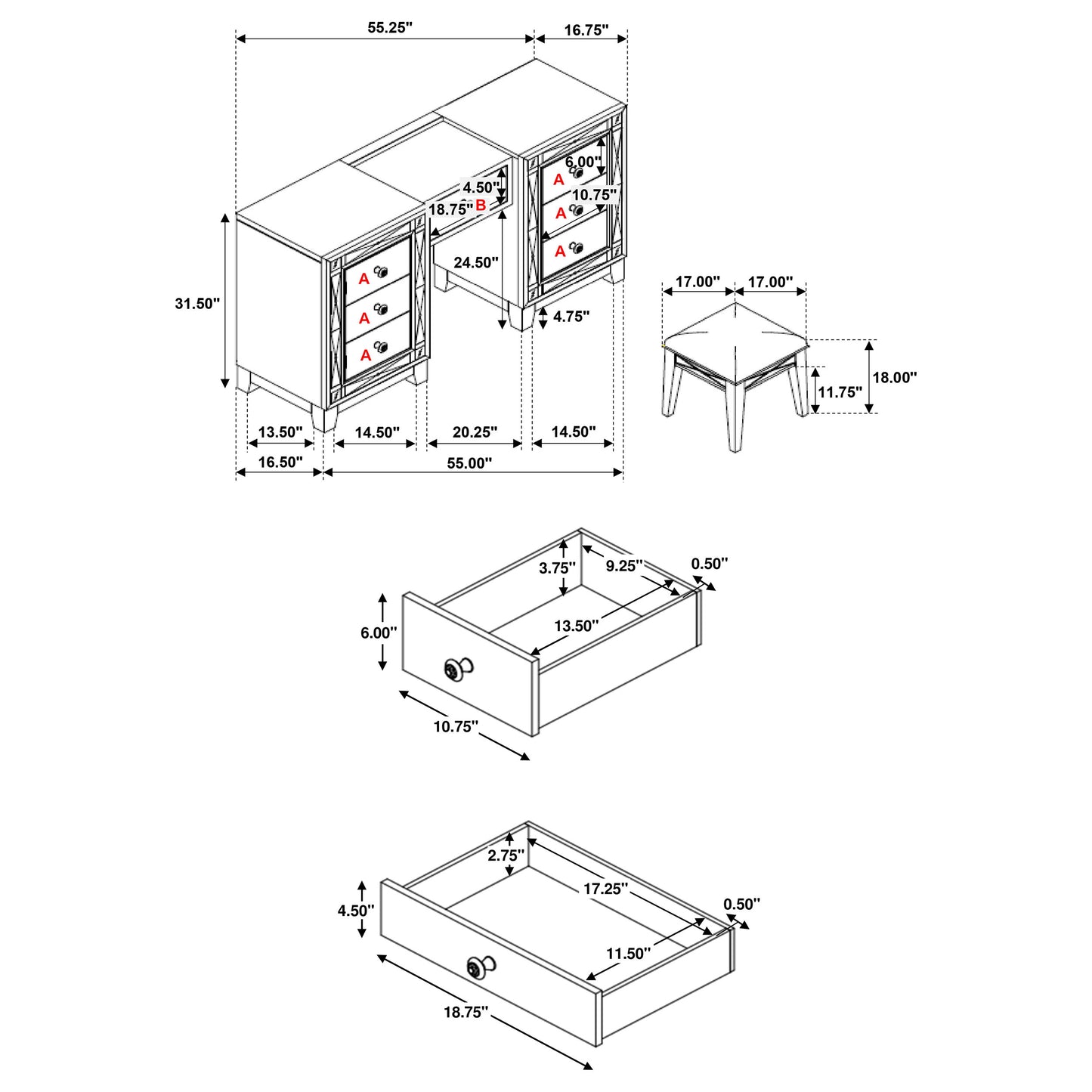 Leighton Vanity Table and Stool Set Metallic Mercury
