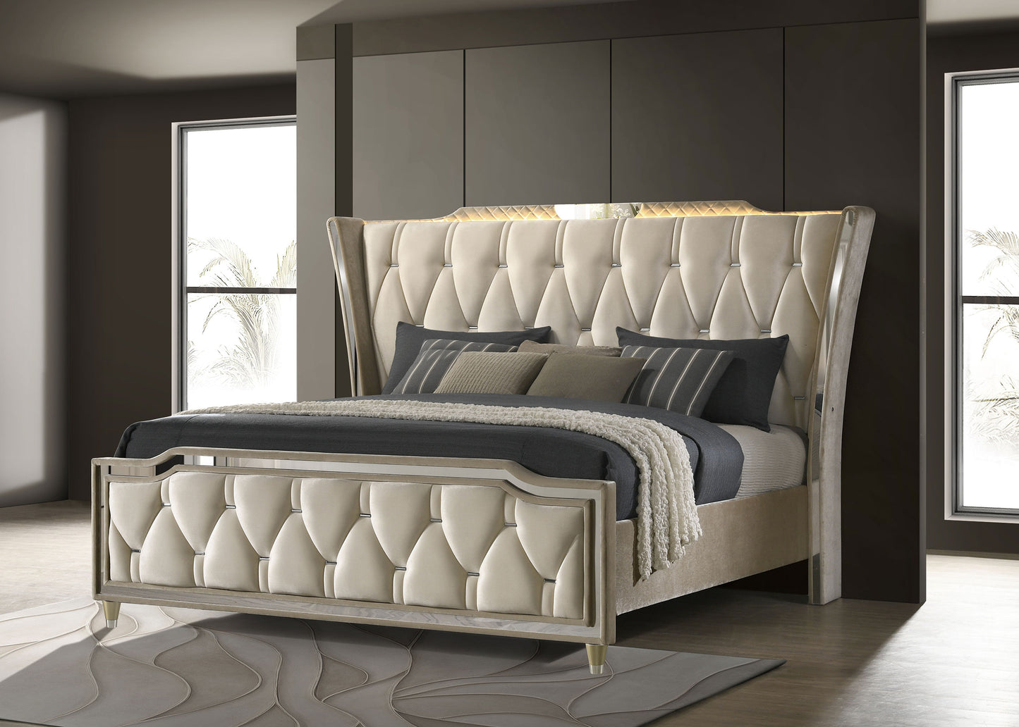 Lorient Eastern King LED Upholstered Bed Ivory and Camel