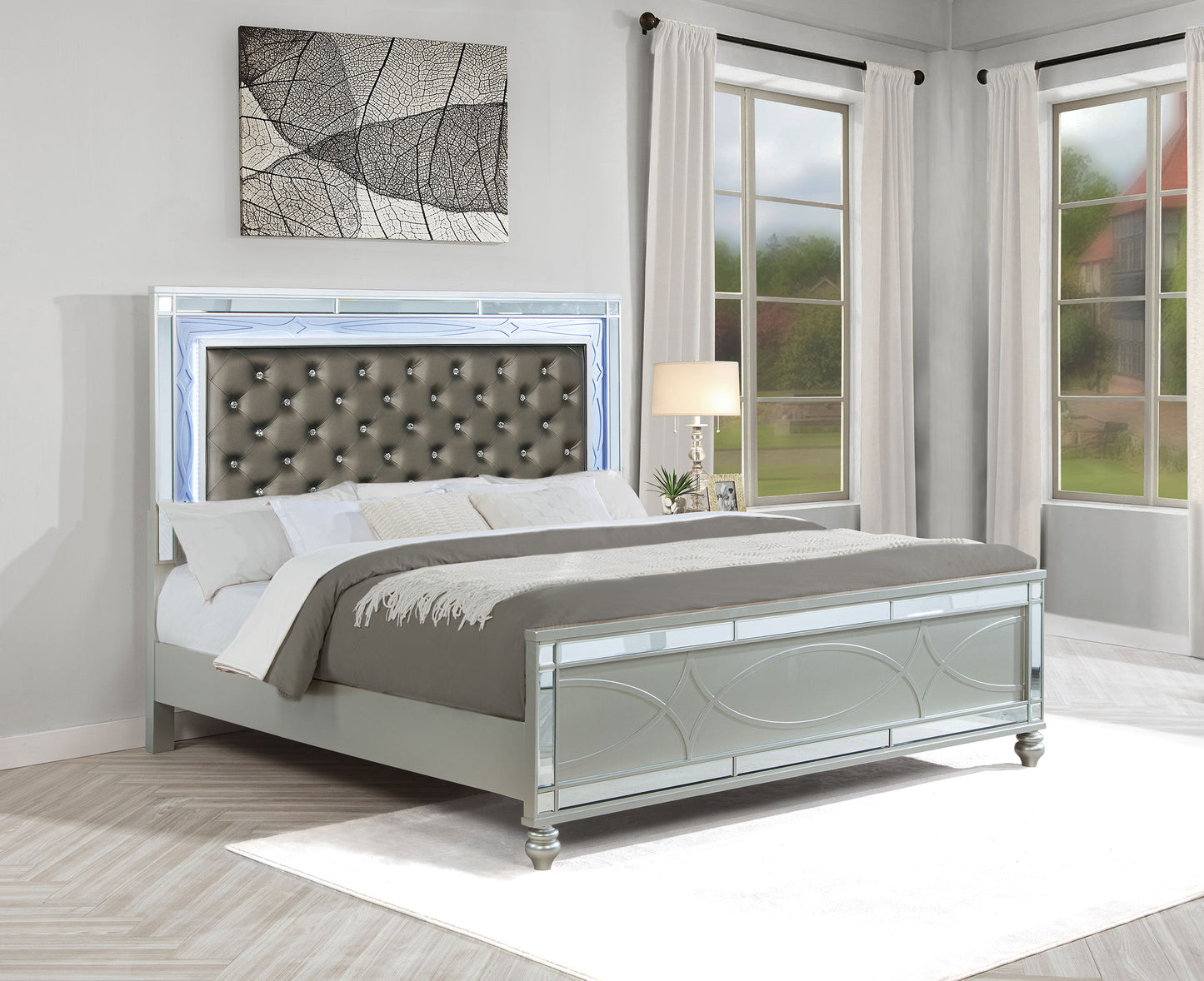 Gunnison Wood Eastern King LED Panel Bed Silver Metallic