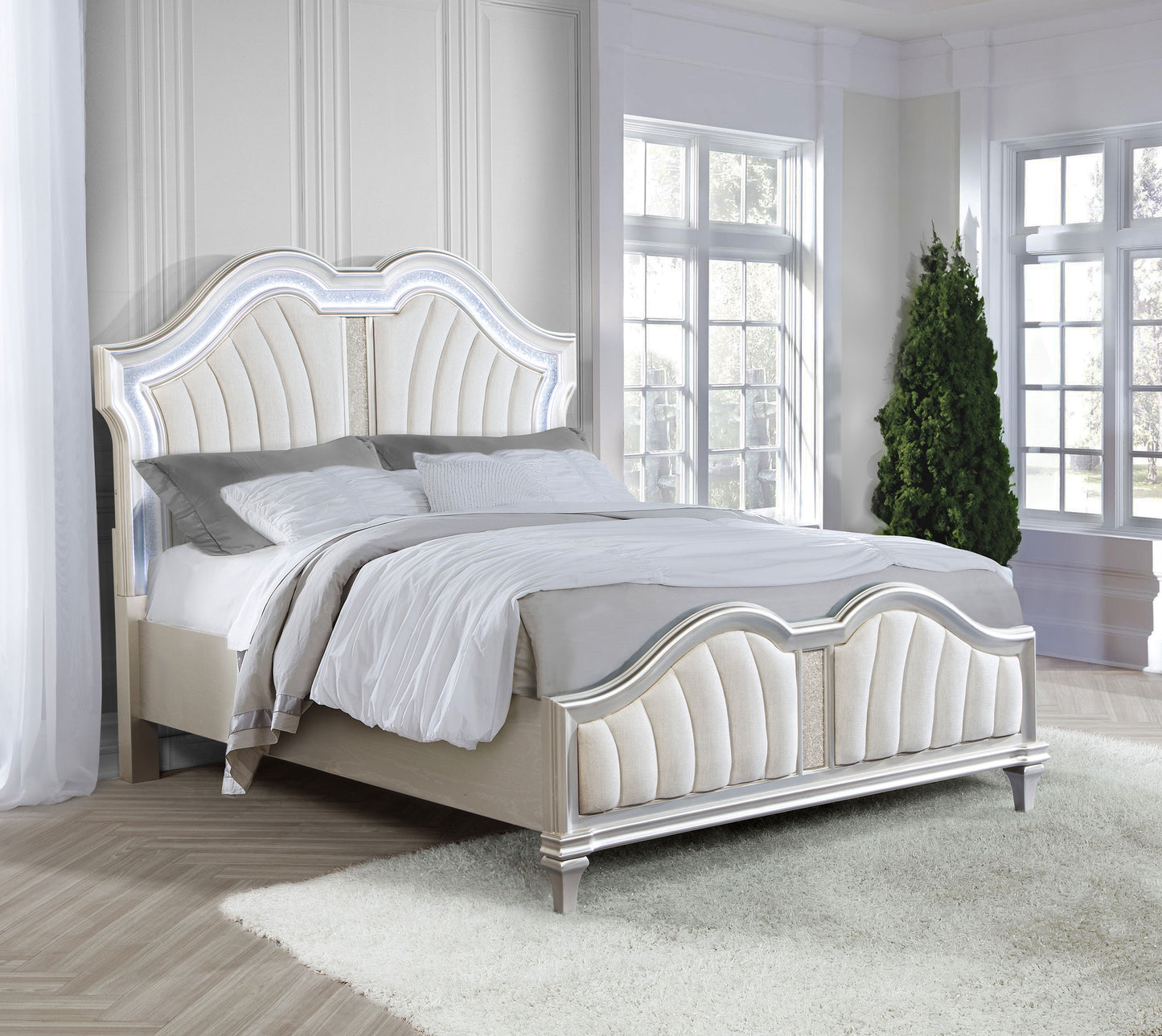 Evangeline Wood Queen LED Panel Bed Silver Oak