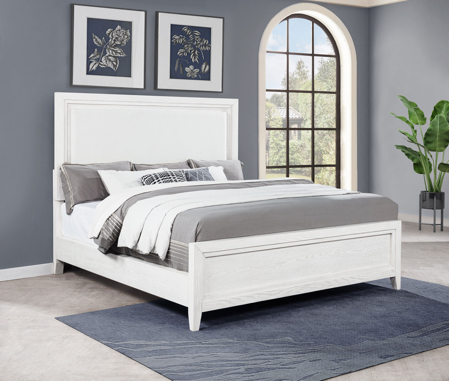 Marielle Eastern King Upholstered Panel Bed Distressed White