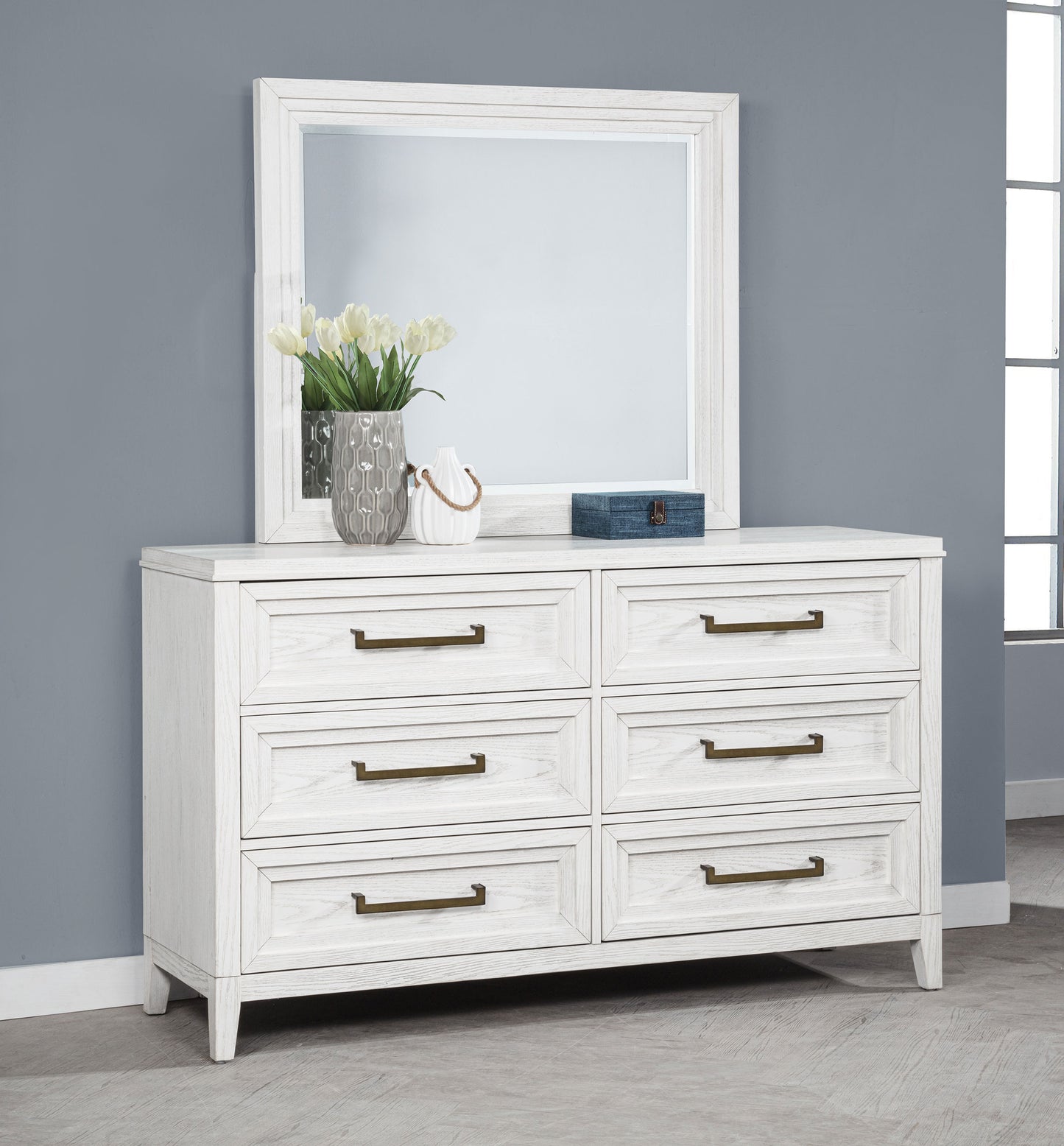 Marielle 6-drawer Dresser with Mirror Distressed White