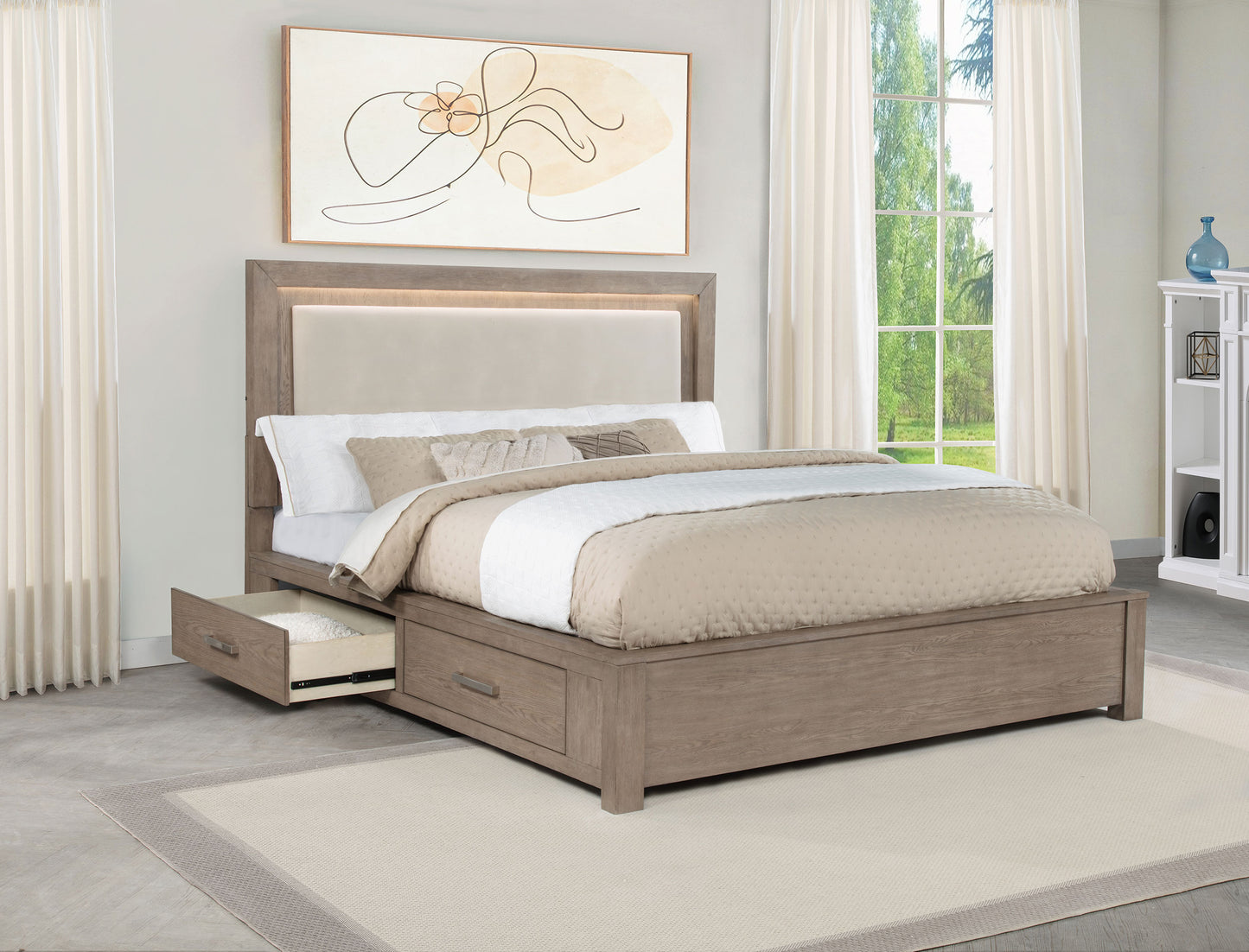 Kenora 56-inch Eastern King LED Storage Bed Barley Brown