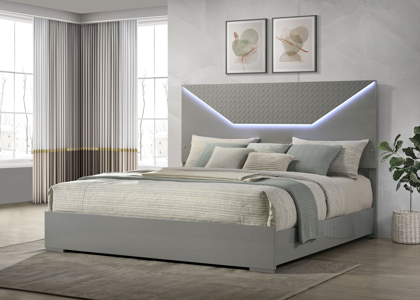 Ives Eastern King Panel Bed LED Headboard Grey High Gloss