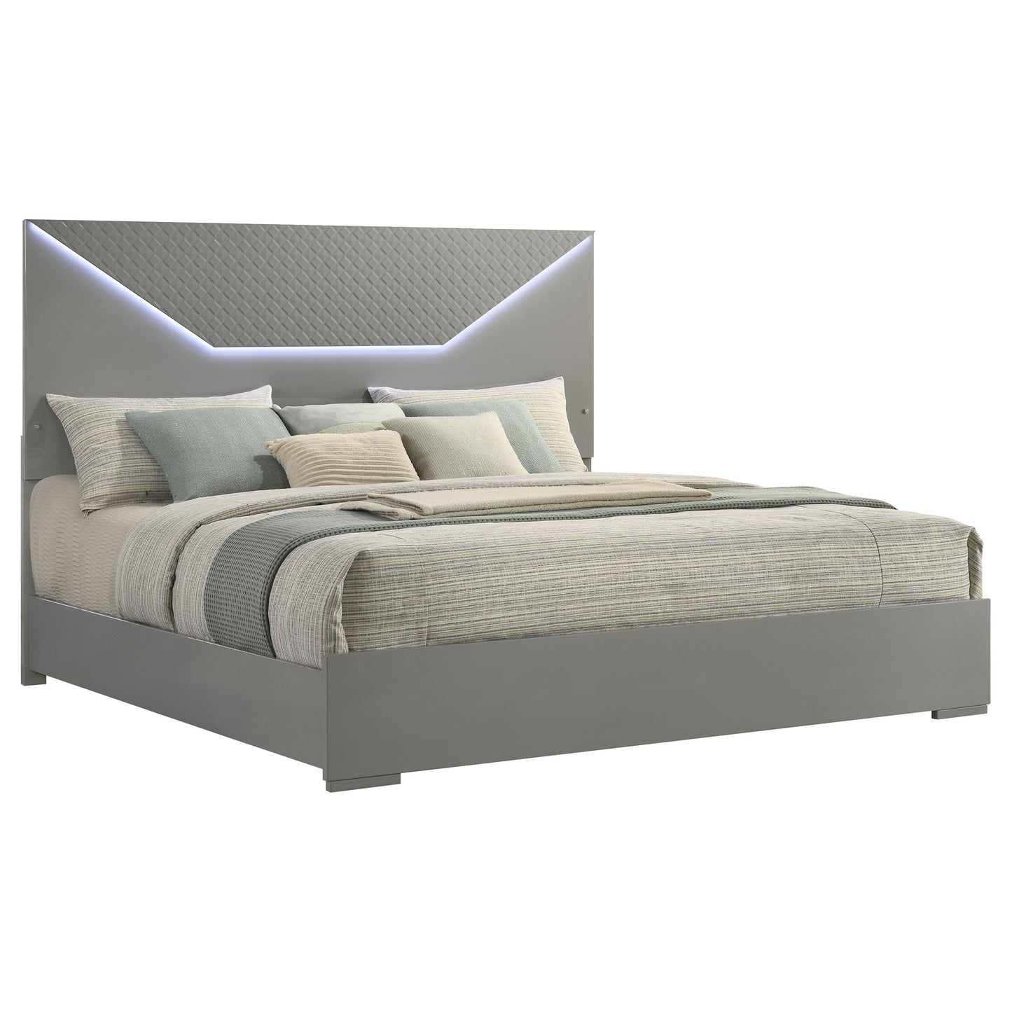 Ives Eastern King Panel Bed LED Headboard Grey High Gloss