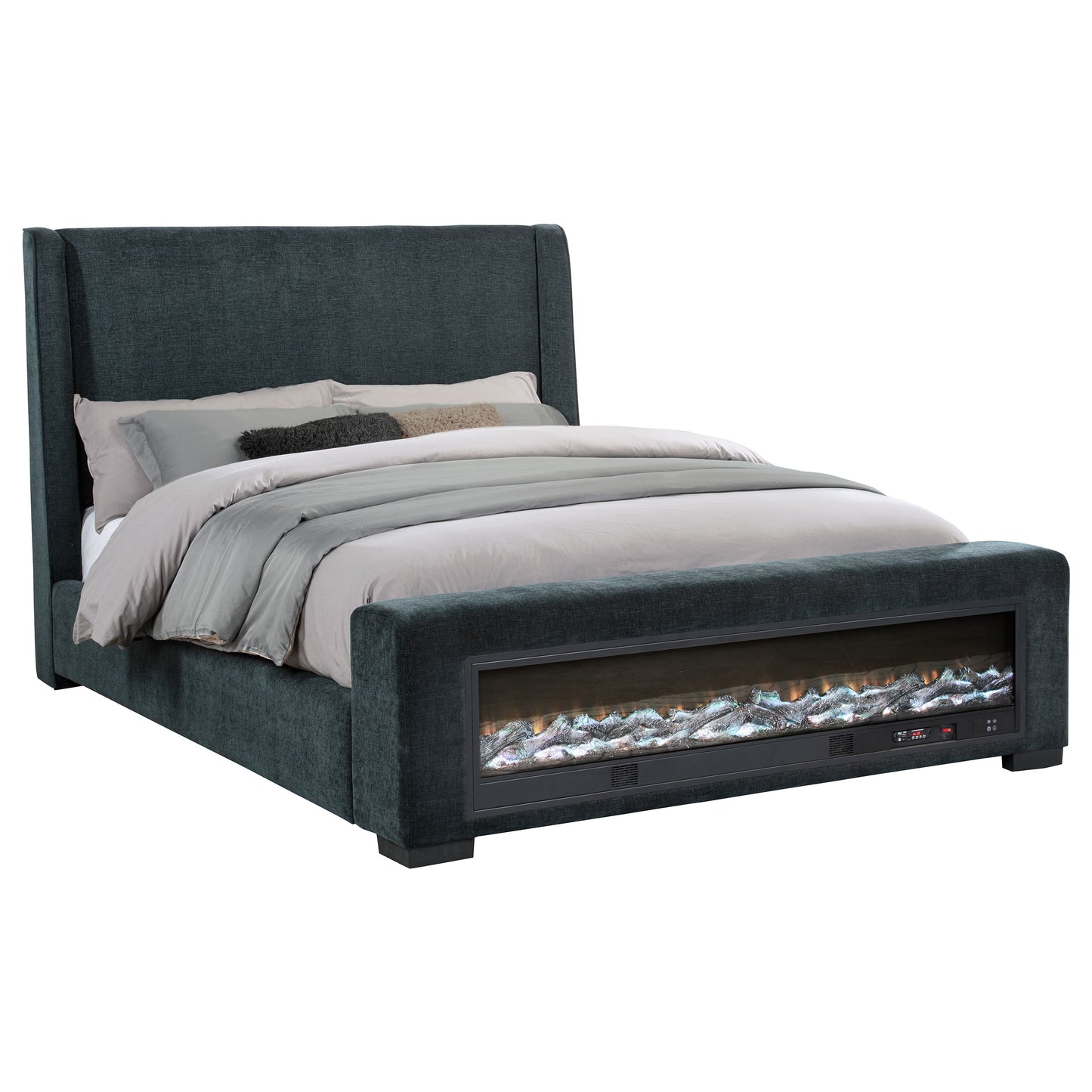 Preston Upholstered California King Audio Flame Visualizer Bed Dark Blue