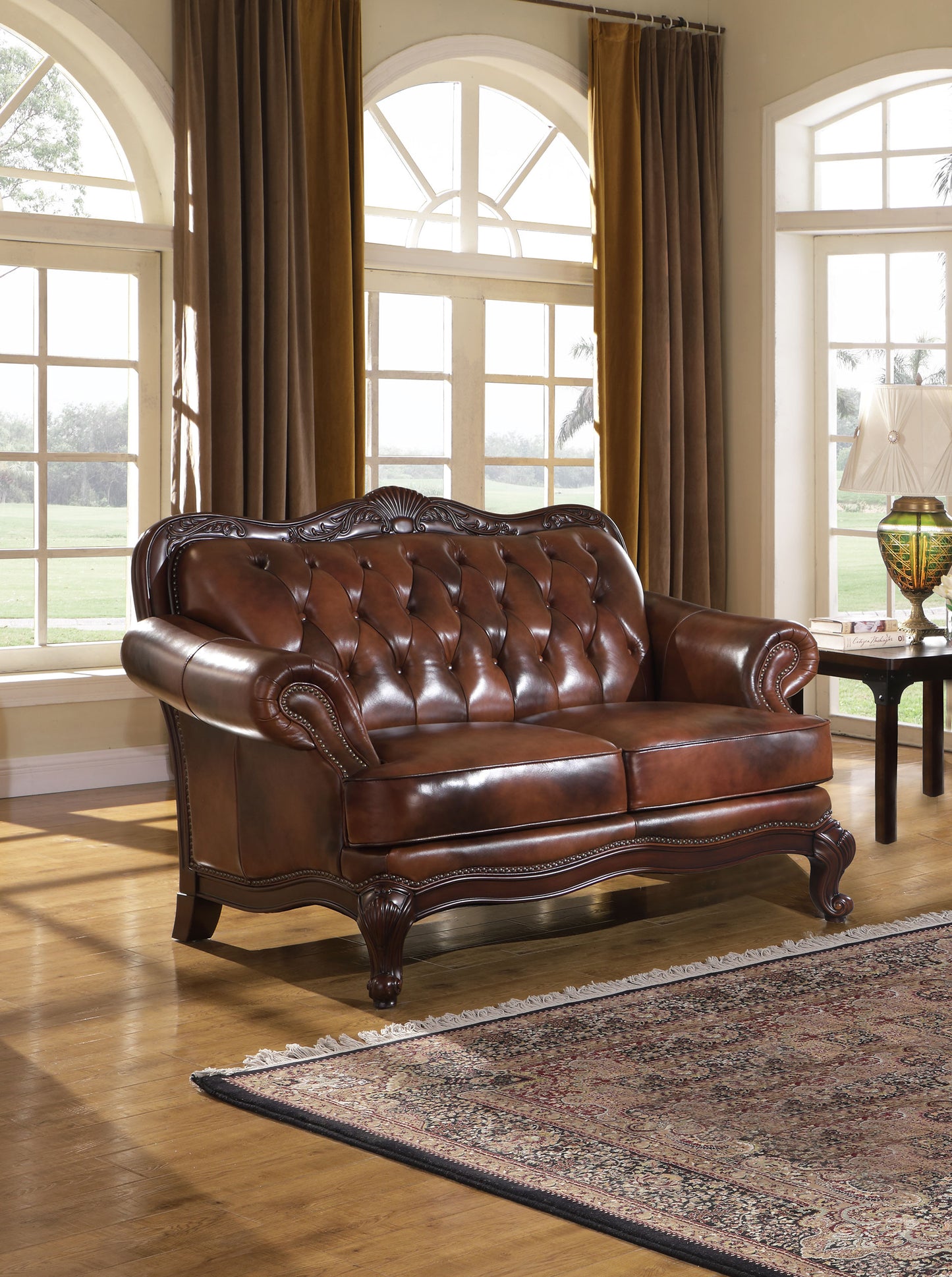 Victoria Full Leather Upholstered Rolled Arm Loveseat Brown