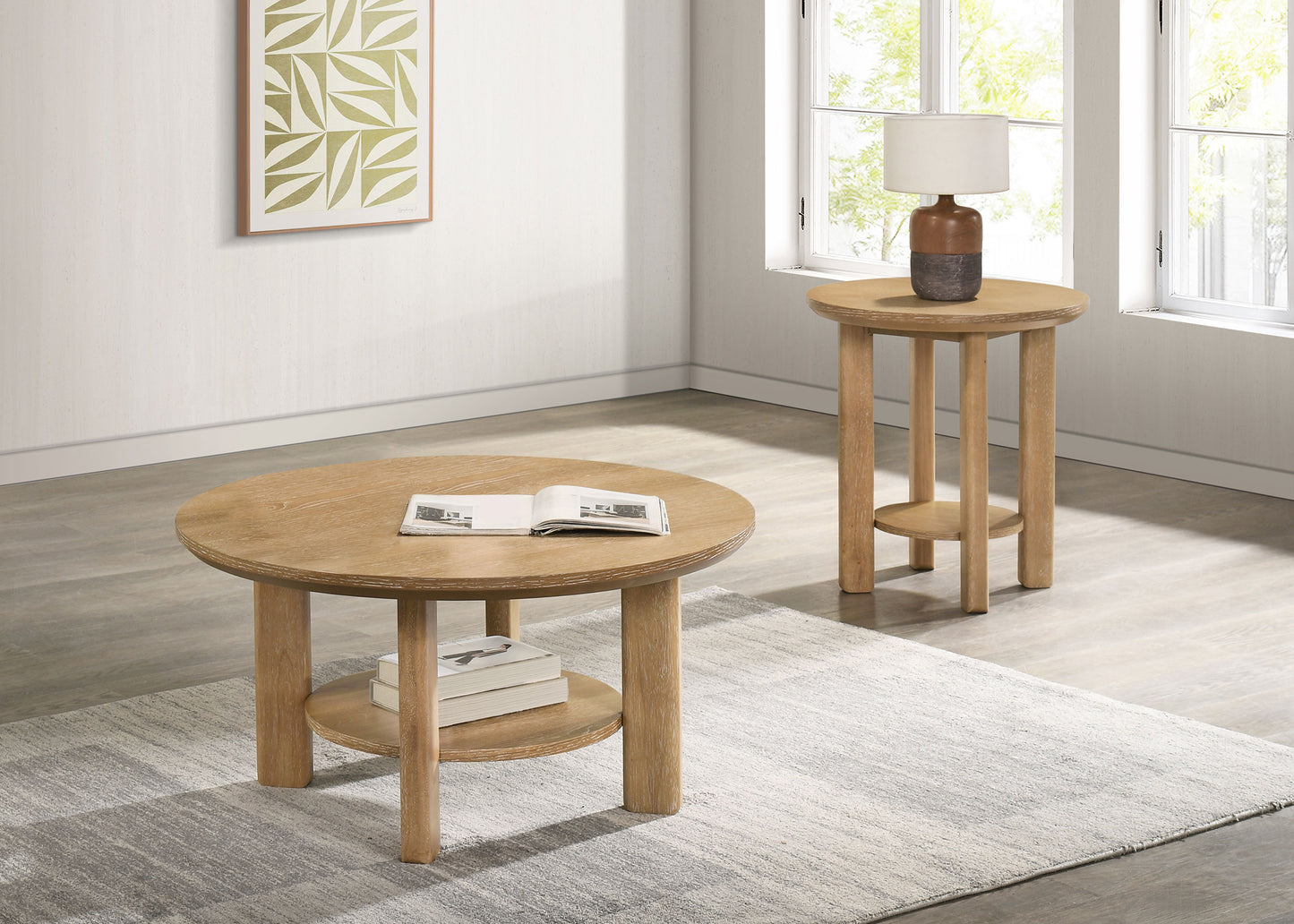 Ottowa Round Wood Side End Table with Shelf Light Oak