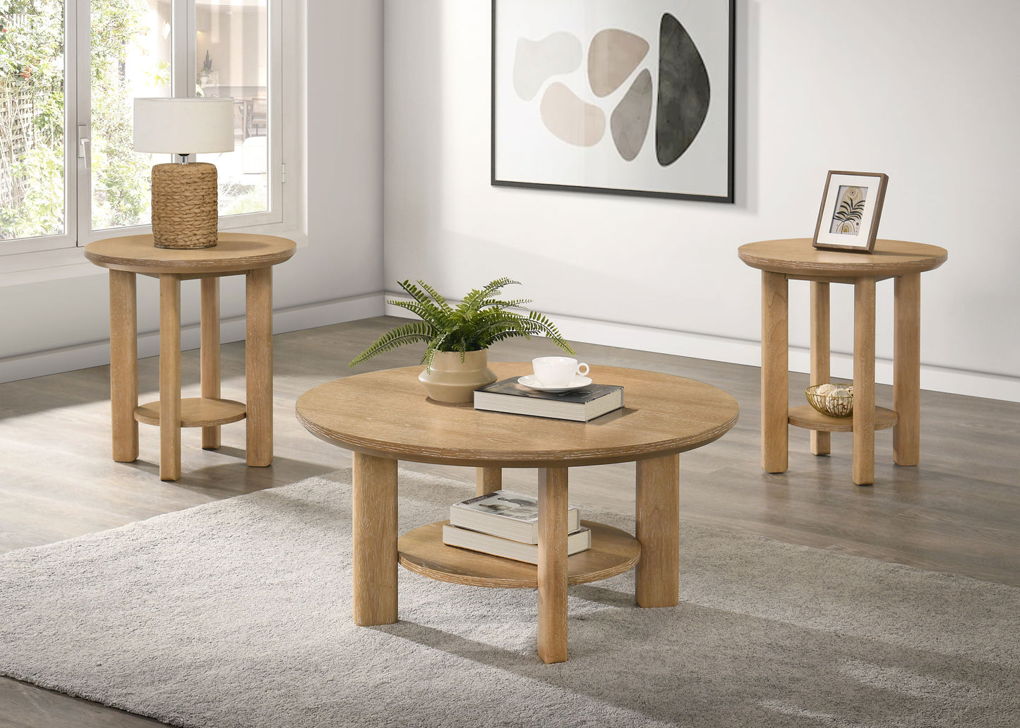 Ottowa 3-piece Round Wood Coffee Table Set Light Oak