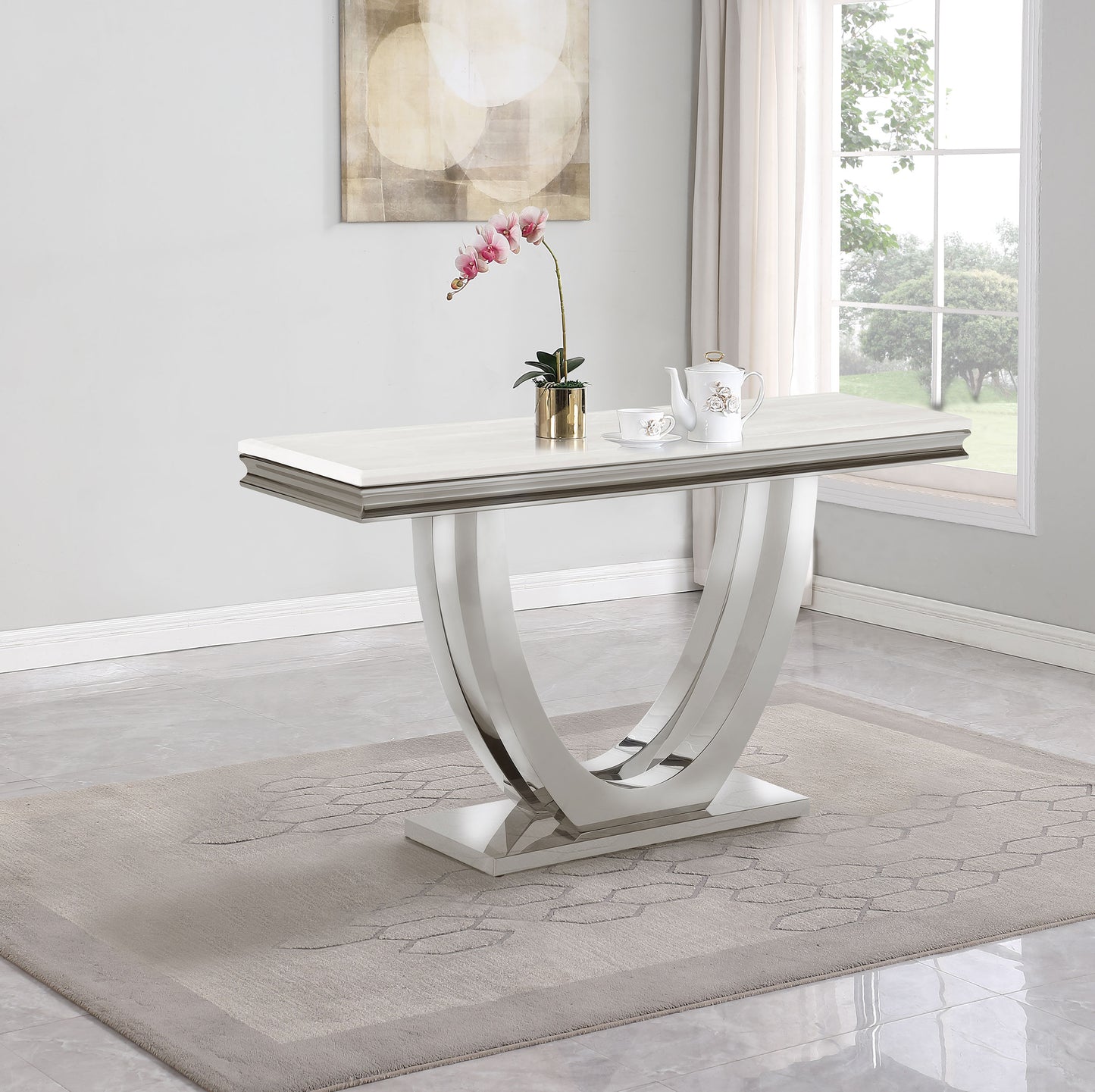 Kerwin U-base Stone Top Entryway Sofa Console Table Chrome