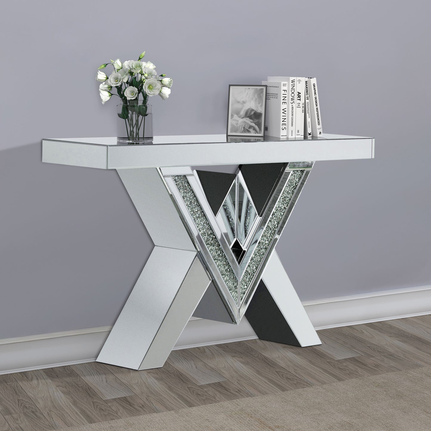 Taffeta V-shaped Mirrored Entryway Console Table Silver