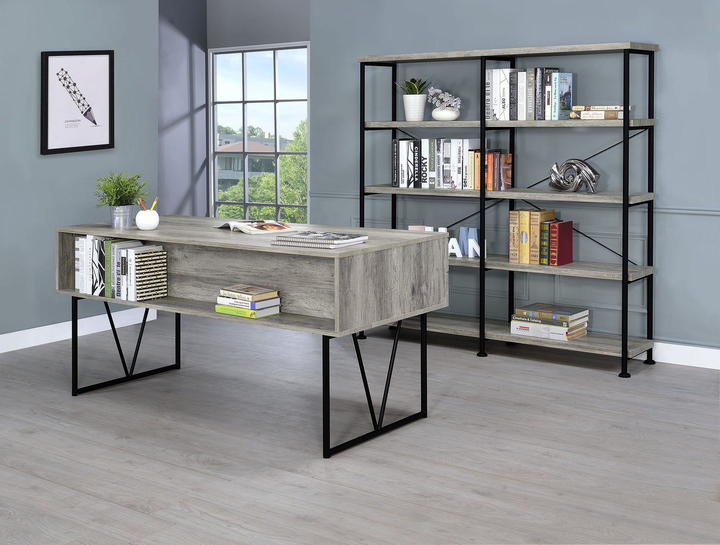 Analiese 63-inch 4-shelf Double Bookshelf Grey Driftwood