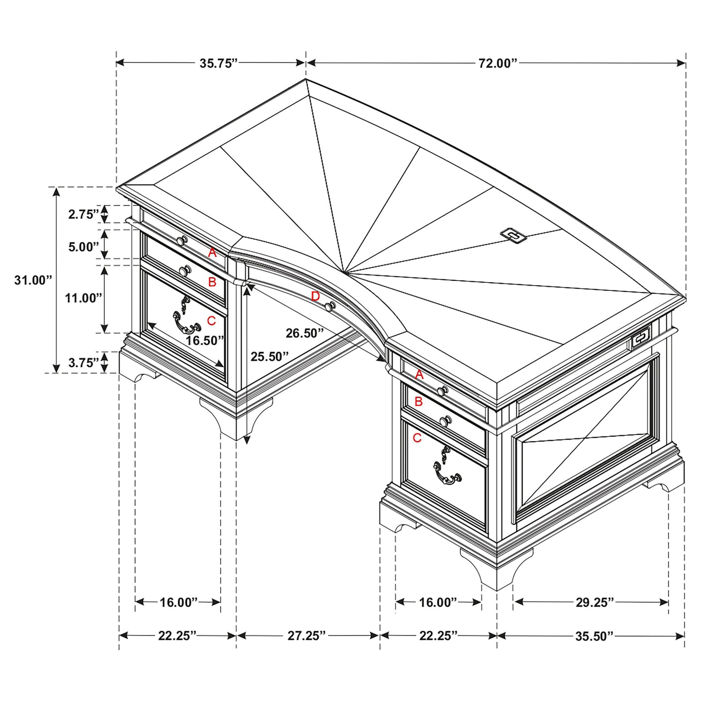 Hartshill 72-inch 7-drawer Executive Desk Burnished Oak