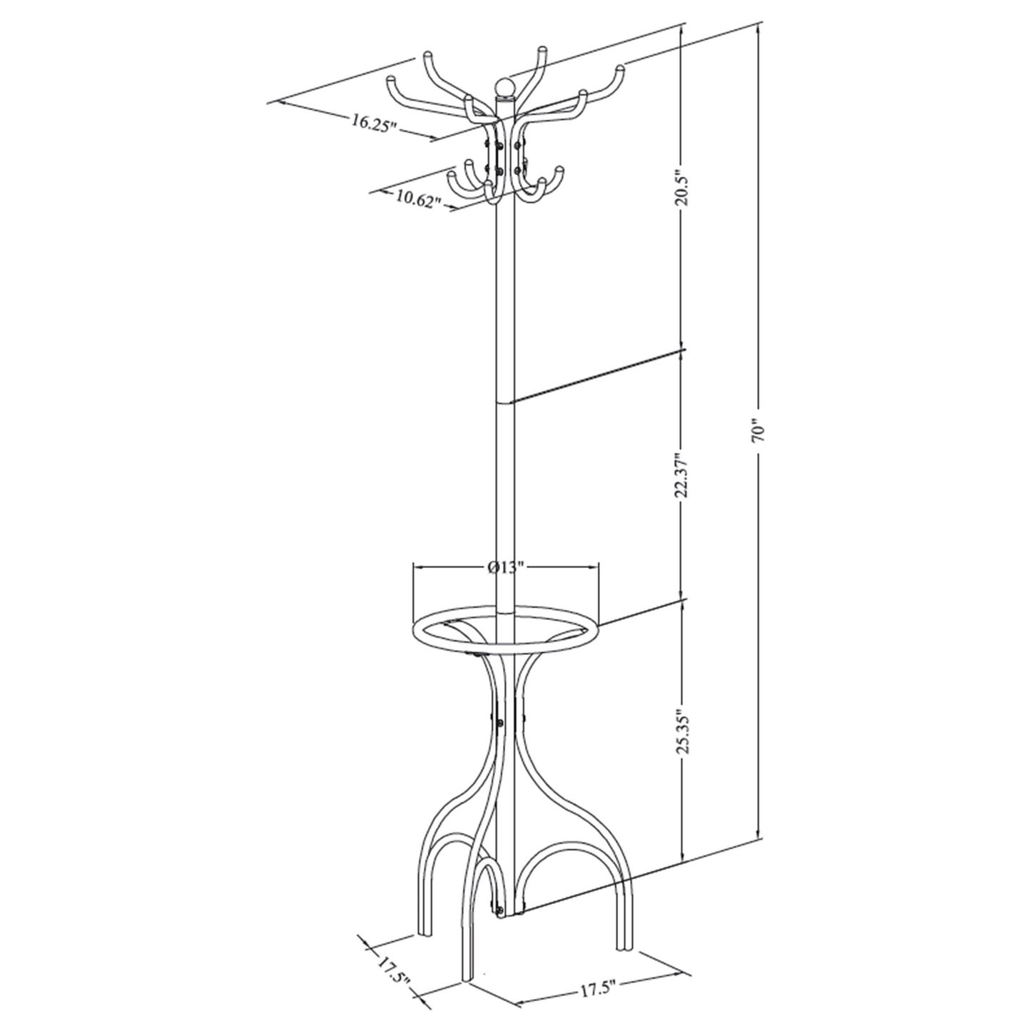 Kiefer 12 Hook Freestanding Metal Coat Rack Hat Hanger Black