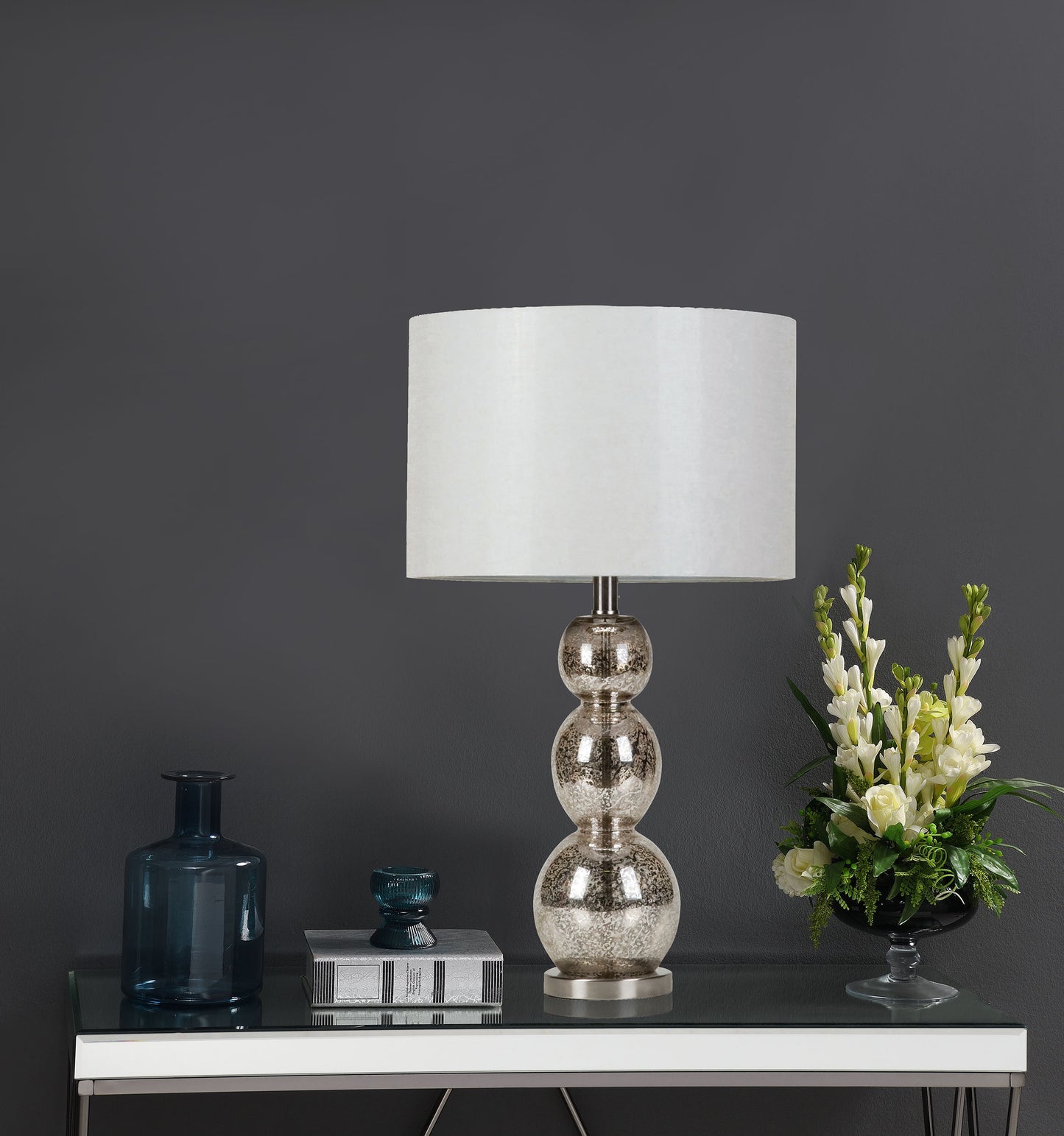 Mineta 27-inch Drum Shade Stacked Table Lamp Antique Silver