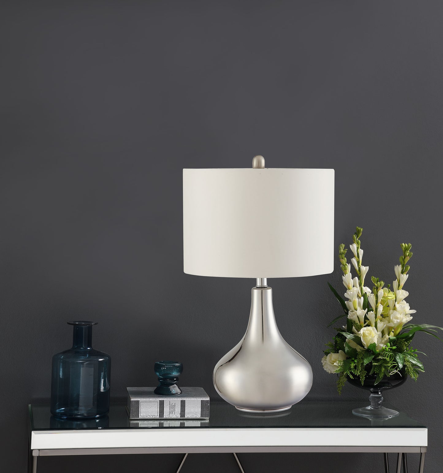 Junko 24-inch Drum Shade Urn Bedside Table Lamp Chrome