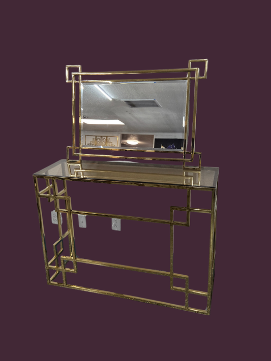 Golden Linear Grid Console & Mirror Set