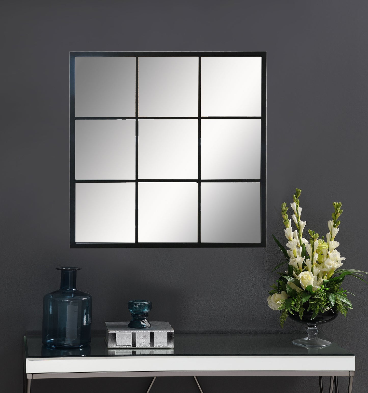 Quetzal 35 x 35 Inch Square Window Pane Wall Mirror Black