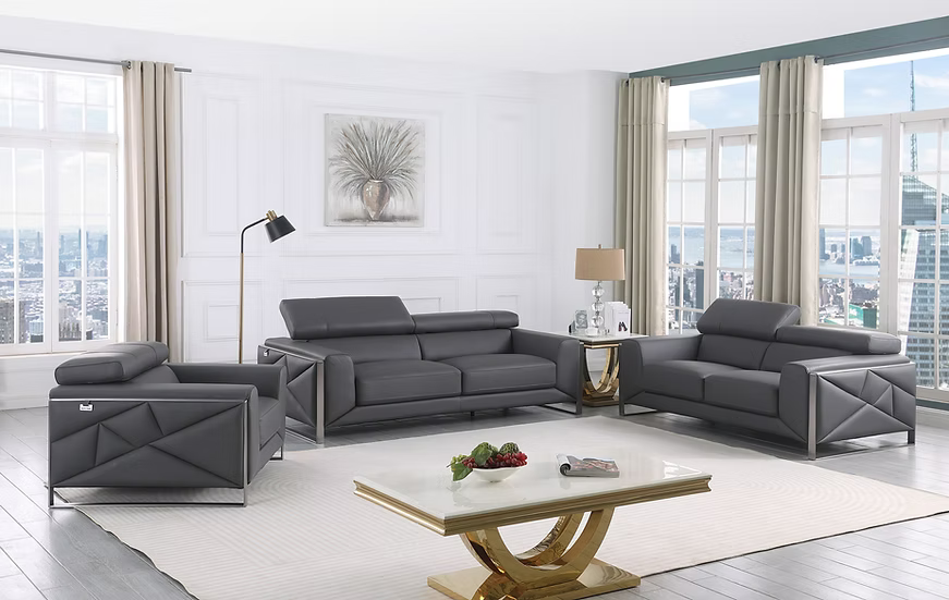 Giorrgio Italian Leather Sofa-Loveseat-Chair Set Grey