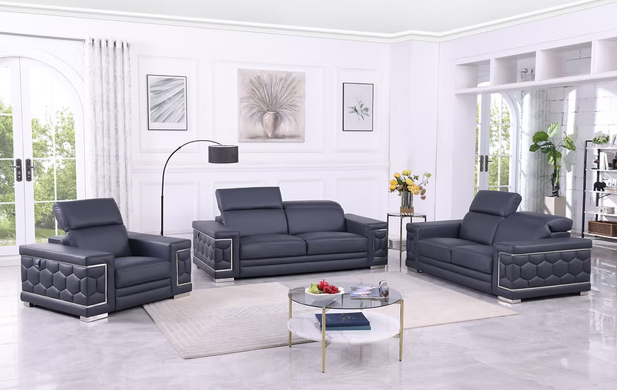 Favo Italian Leather Sofa-Loveseat-Chair Set Dark Blue