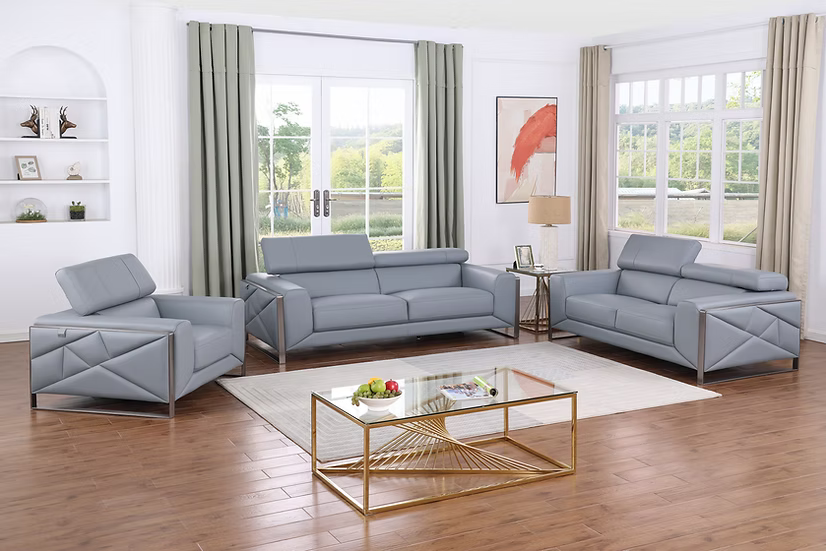 Giorrgio Italian Leather Sofa-Loveseat-Chair Set Light Blue