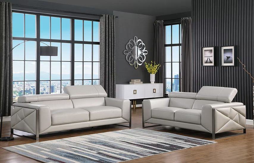 Giorrgio Italian Leather Sofa-Loveseat Set Light Grey