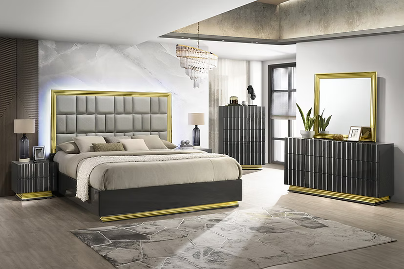 Mona (Grey/Gold) Bedroom Set Queen 4 Pc