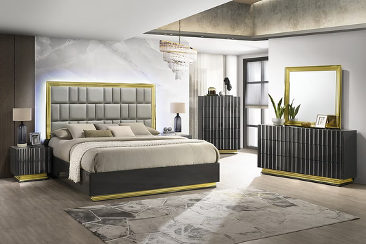 Mona (Grey/Gold) Bedroom Set Queen 4 Pc