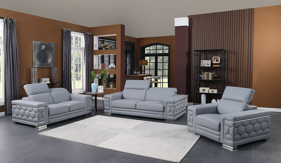 Favo Italian Leather Sofa-Loveseat-Chair Set Light Blue