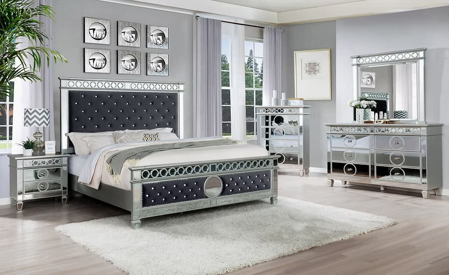 Bella Bedroom Set King 4 Pc Grey Valvet