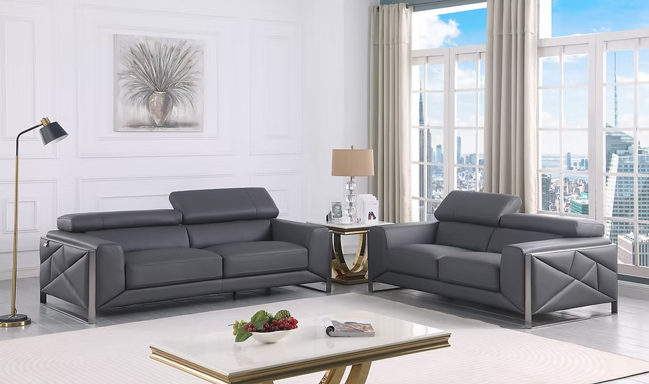 Giorrgio Italian Leather Sofa-Loveseat Set Grey