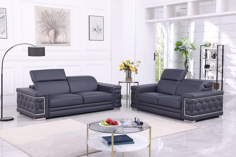 Favo Italian Leather Sofa-Loveseat-Chair Set Dark Blue