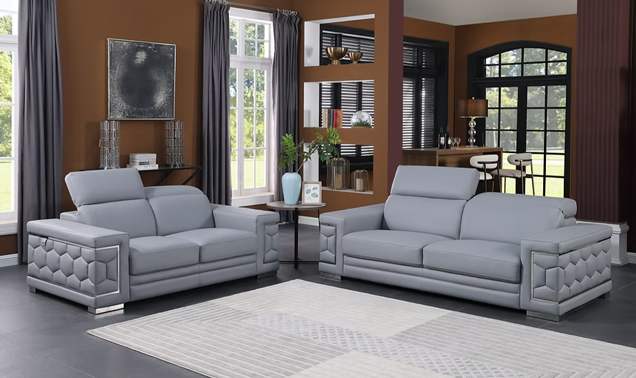 Favo Italian Leather Sofa-Loveseat-Chair Set Light Blue